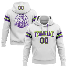 Load image into Gallery viewer, Custom Stitched White Purple-Neon Green Football Pullover Sweatshirt Hoodie