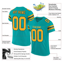 Laden Sie das Bild in den Galerie-Viewer, Custom Aqua Gold-Black Mesh Authentic Football Jersey