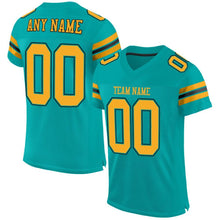 Laden Sie das Bild in den Galerie-Viewer, Custom Aqua Gold-Black Mesh Authentic Football Jersey