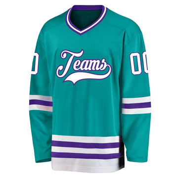 Custom Aqua White-Purple Hockey Jersey