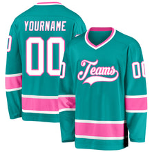 Load image into Gallery viewer, Custom Aqua White-Pink Hockey Jersey
