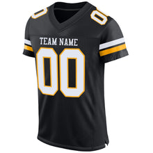Laden Sie das Bild in den Galerie-Viewer, Custom Black White-Gold Mesh Authentic Football Jersey