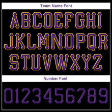 Load image into Gallery viewer, Custom Black Purple-Gold Stitched Adjustable Snapback Hat