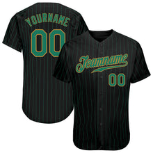 Load image into Gallery viewer, Custom Black Kelly Green Pinstripe Kelly Green-Old Gold Authentic Baseball Jersey