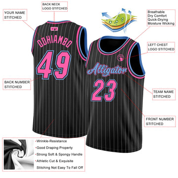 Custom Black White Pinstripe Pink-Light Blue Authentic Basketball Jersey