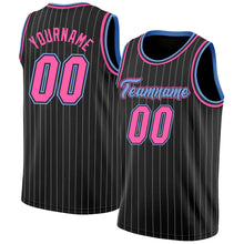 Laden Sie das Bild in den Galerie-Viewer, Custom Black White Pinstripe Pink-Light Blue Authentic Basketball Jersey