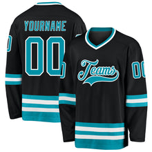 Laden Sie das Bild in den Galerie-Viewer, Custom Black Teal-White Hockey Jersey