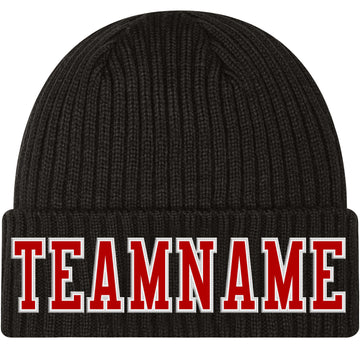 Custom Black Red-White Stitched Cuffed Knit Hat