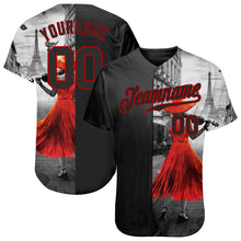 Load image into Gallery viewer, Custom Black Black-Red 3D Pattern Design A Girl With The Eiffel Tower Authentic Baseball Jersey