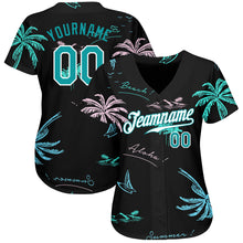 Load image into Gallery viewer, Custom Black Teal-White 3D Pattern Design Hawaii Palm Trees Authentic Baseball Jersey