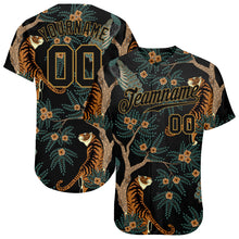 Load image into Gallery viewer, Custom Black Black-Old Gold 3D Pattern Design Tiger And Peacock Authentic Baseball Jersey