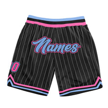 Laden Sie das Bild in den Galerie-Viewer, Custom Black White Pinstripe Light Blue-Pink Authentic Basketball Shorts
