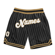 Laden Sie das Bild in den Galerie-Viewer, Custom Black White Pinstripe White-Old Gold Authentic Basketball Shorts