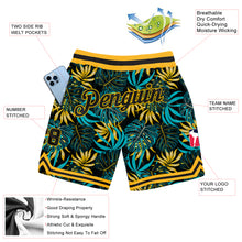 Загрузить изображение в средство просмотра галереи, Custom Black Black-Gold 3D Pattern Design Tropical Palm Leaves Authentic Basketball Shorts