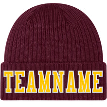 Load image into Gallery viewer, Custom Burgundy Gold-White Stitched Cuffed Knit Hat
