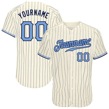 Laden Sie das Bild in den Galerie-Viewer, Custom Cream Navy Pinstripe Light Blue-Navy Authentic Baseball Jersey