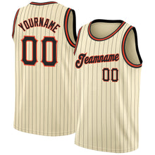 Laden Sie das Bild in den Galerie-Viewer, Custom Cream Black Pinstripe Black-Orange Authentic Basketball Jersey