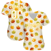 Laden Sie das Bild in den Galerie-Viewer, Custom Cream White-Gold 3D Pattern Design Maple Leaf Authentic Baseball Jersey
