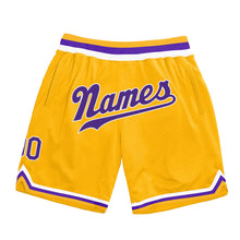 Load image into Gallery viewer, Custom Gold Purple-White Authentic Throwback Basketball Shorts