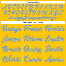 Load image into Gallery viewer, Custom Gold Light Blue-White Authentic Throwback Basketball Jersey