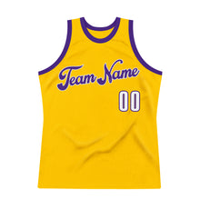 Load image into Gallery viewer, Custom Gold White-Purple Authentic Throwback Basketball Jersey