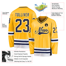 Load image into Gallery viewer, Custom Gold Navy-White Hockey Jersey