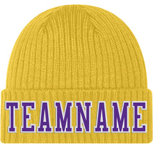 Загрузить изображение в средство просмотра галереи, Custom Gold Purple-White Stitched Cuffed Knit Hat
