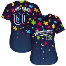 Laden Sie das Bild in den Galerie-Viewer, Custom Autism Awareness Puzzle Pieces Navy-White 3D Authentic Baseball Jersey