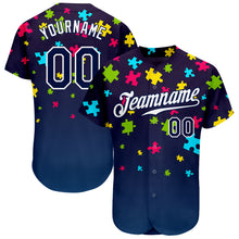 Laden Sie das Bild in den Galerie-Viewer, Custom Autism Awareness Puzzle Pieces Navy-White 3D Authentic Baseball Jersey