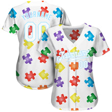 Laden Sie das Bild in den Galerie-Viewer, Custom Autism Awareness Puzzle Pieces White-Light Blue 3D Authentic Baseball Jersey