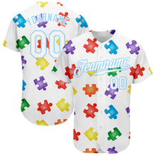 Laden Sie das Bild in den Galerie-Viewer, Custom Autism Awareness Puzzle Pieces White-Light Blue 3D Authentic Baseball Jersey