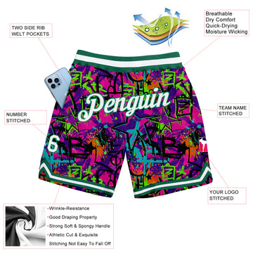 Custom Graffiti Pattern White-Kelly Green 3D Authentic Basketball Shorts