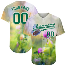 Загрузить изображение в средство просмотра галереи, Custom Gray Kelly Green-White 3D Pattern Design Flowers And Butterfly Authentic Baseball Jersey