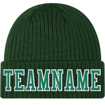 Custom Green Kelly Green-White Stitched Cuffed Knit Hat