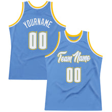 Load image into Gallery viewer, Custom Light Blue White-Gold Authentic Throwback Basketball Jersey