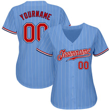 Load image into Gallery viewer, Custom Light Blue White Pinstripe Red-Navy Authentic Baseball Jersey