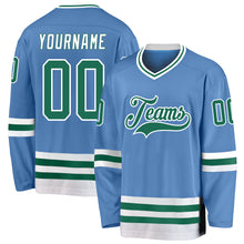Load image into Gallery viewer, Custom Light Blue Kelly Green-White Hockey Jersey