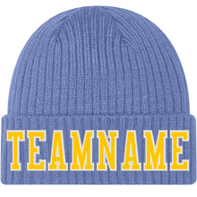 Charger l'image dans la galerie, Custom Light Blue Gold-White Stitched Cuffed Knit Hat