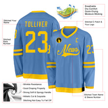 Load image into Gallery viewer, Custom Light Blue Gold Hockey Jersey