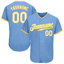 Load image into Gallery viewer, Custom Light Blue White-Gold Authentic Baseball Jersey
