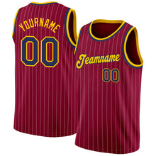 Загрузить изображение в средство просмотра галереи, Custom Maroon White Pinstripe Navy-Gold Authentic Basketball Jersey