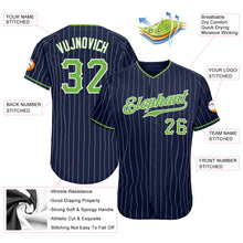 Load image into Gallery viewer, Custom Navy White Pinstripe Neon Green-White Authentic Baseball Jersey
