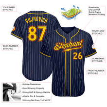 Load image into Gallery viewer, Custom Navy White Pinstripe Gold-Orange Authentic Baseball Jersey