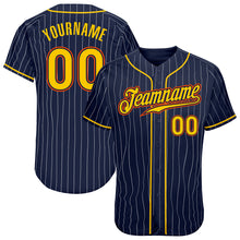 Load image into Gallery viewer, Custom Navy White Pinstripe Gold-Orange Authentic Baseball Jersey