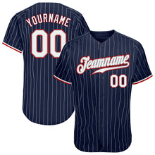 Load image into Gallery viewer, Custom Navy White Pinstripe White-Red Authentic Baseball Jersey