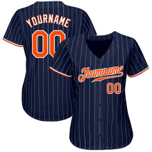 Load image into Gallery viewer, Custom Navy White Pinstripe Orange-White Authentic Baseball Jersey