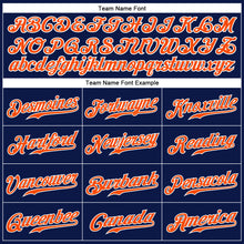Load image into Gallery viewer, Custom Navy White Pinstripe Orange-White Authentic Baseball Jersey