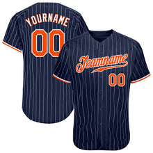 Load image into Gallery viewer, Custom Navy White Pinstripe Orange-White Authentic Baseball Jersey