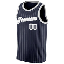 Charger l'image dans la galerie, Custom Navy White Pinstripe White-Gray Authentic Basketball Jersey