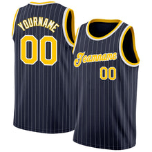 Charger l'image dans la galerie, Custom Navy White Pinstripe Gold-White Authentic Basketball Jersey